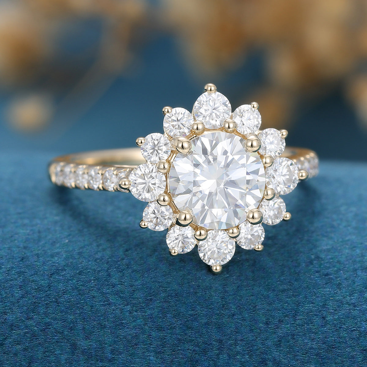 Round Moissanite Halo | Flower Half Eternity Engagement ring