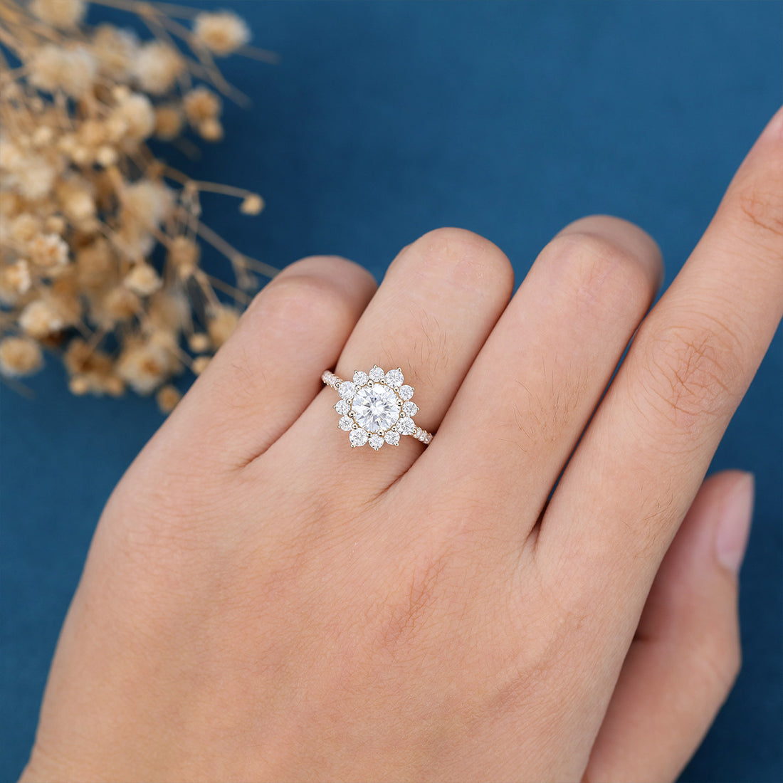 Round Moissanite Halo | Flower Half Eternity Engagement ring