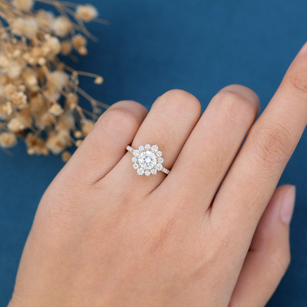 Round Moissanite Halo | Flower Half Eternity Engagement ring