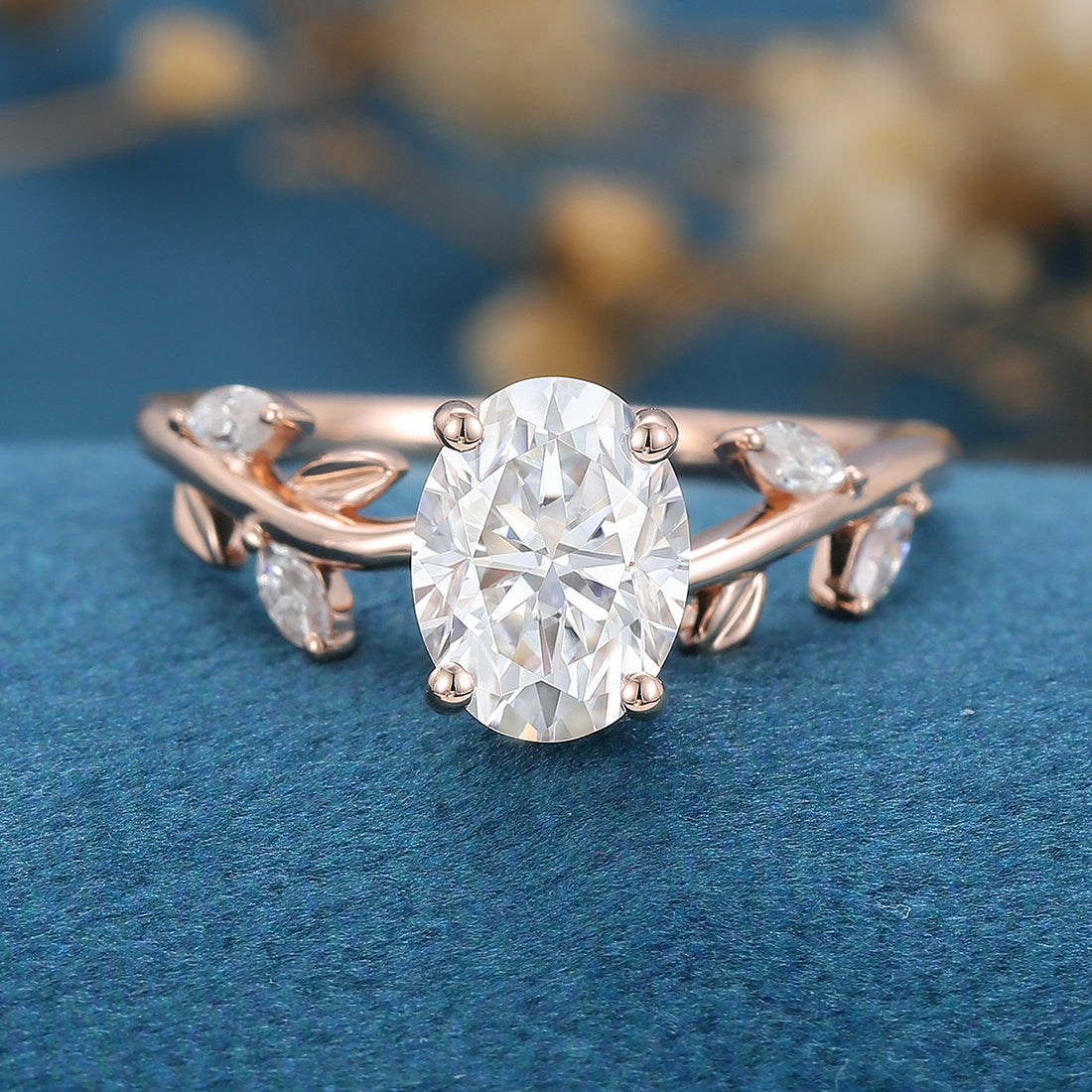 1.5 Carat Vintage Oval cut Moissanite leaf Engagement Ring