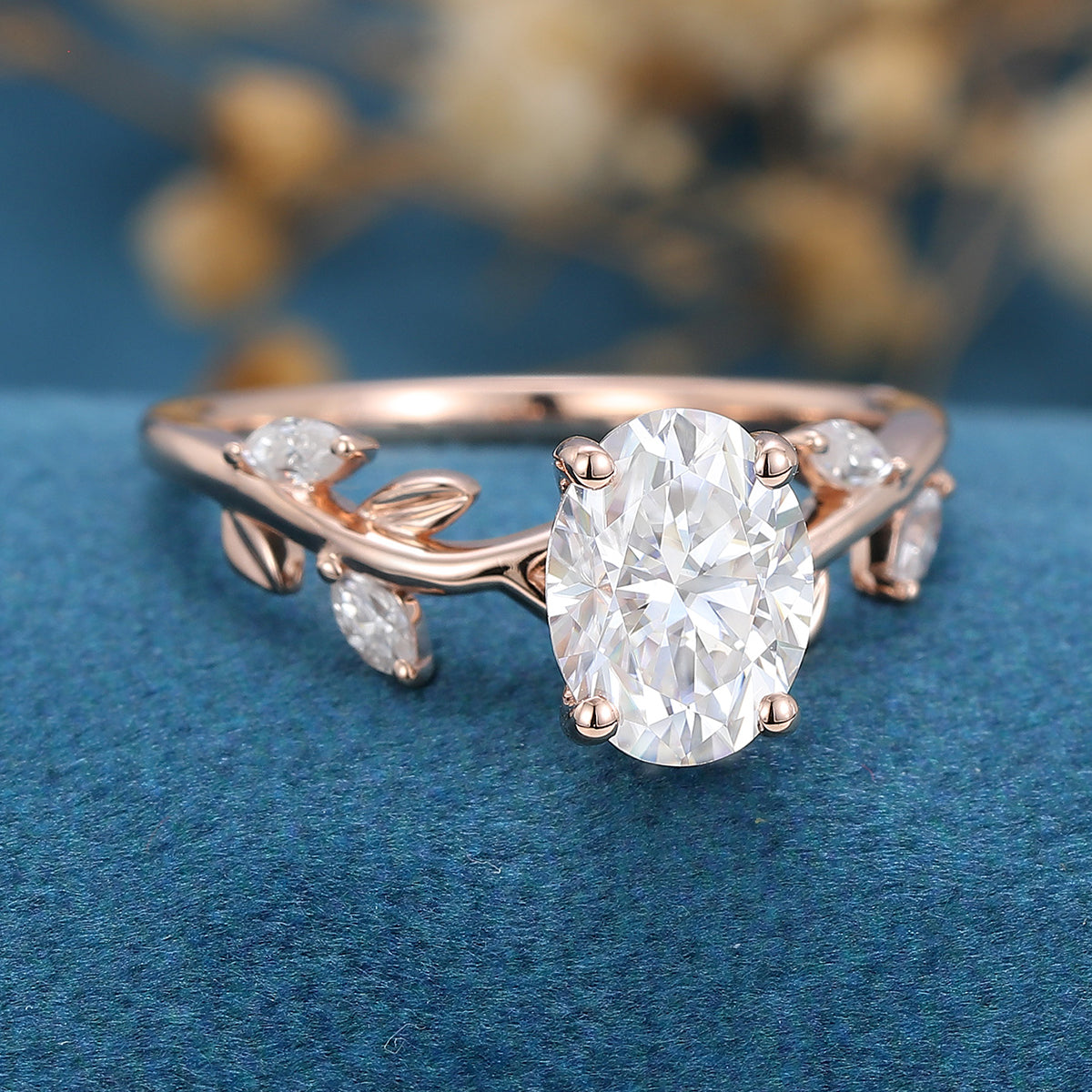 1.5 Carat Vintage Oval cut Moissanite leaf Engagement Ring