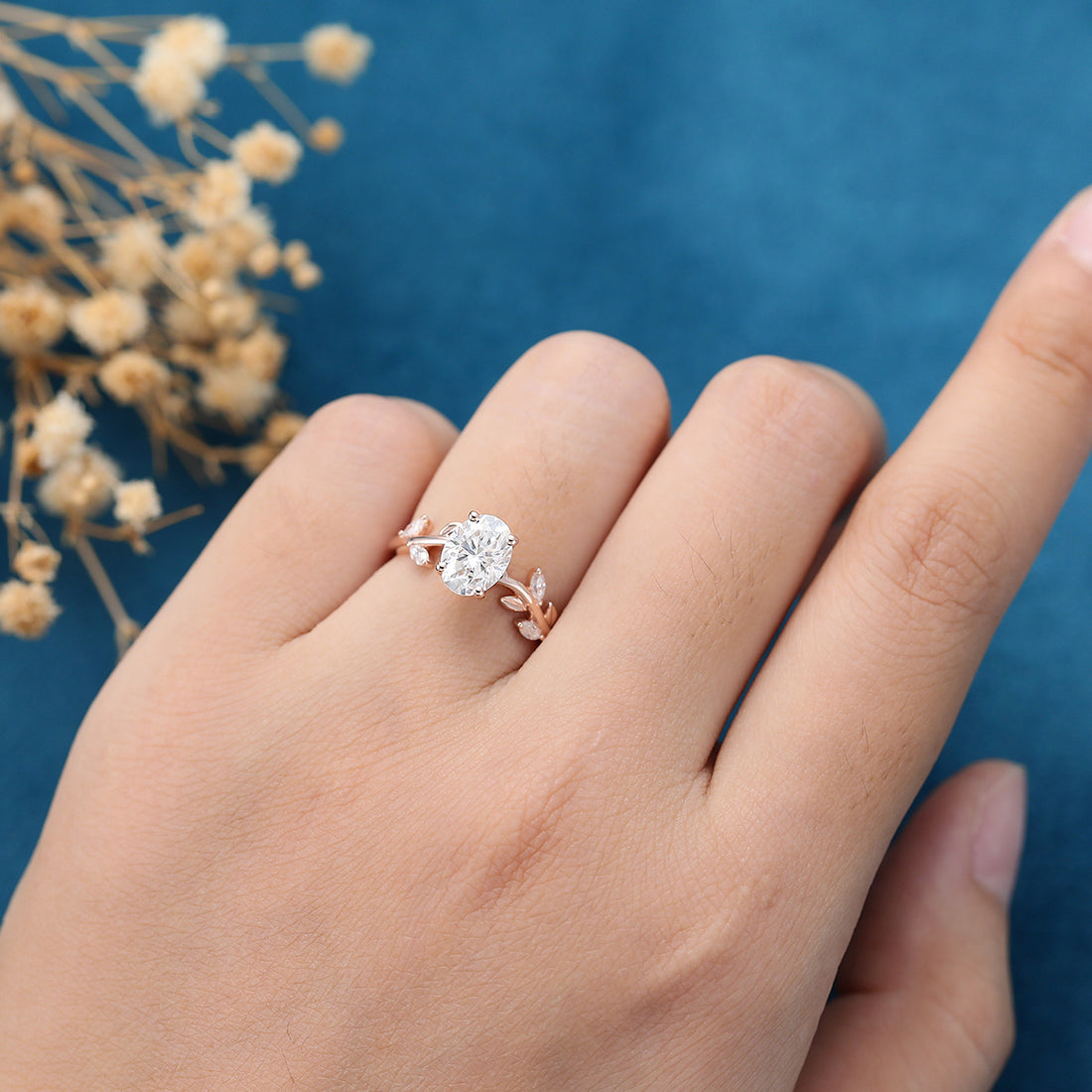 1.5 Carat Vintage Oval cut Moissanite leaf Engagement Ring