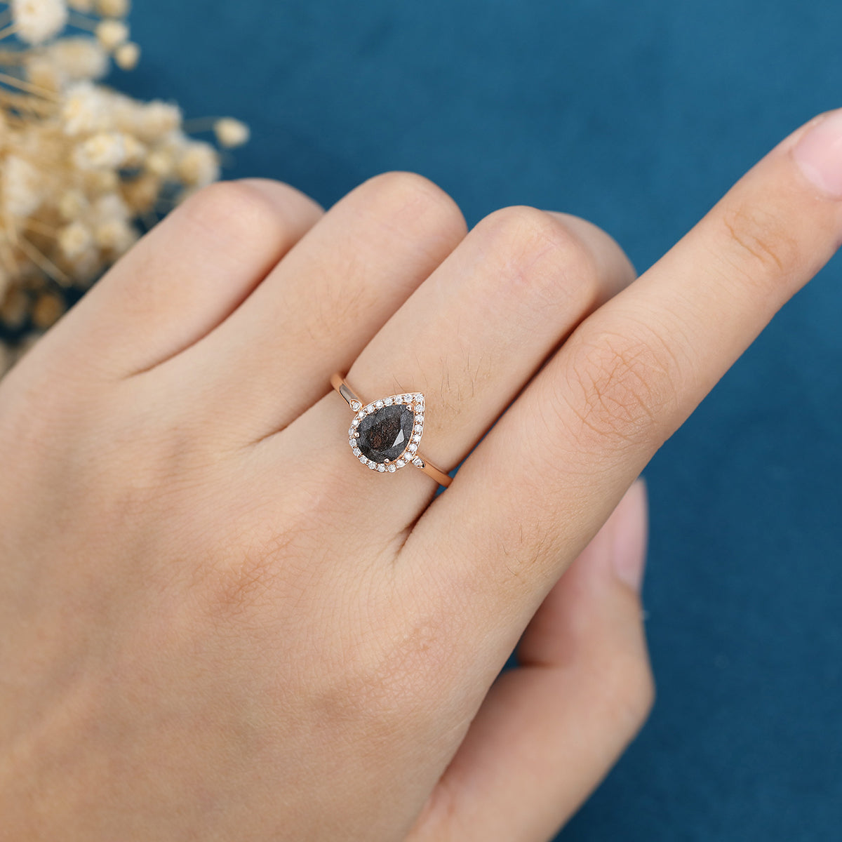 Pear cut Black Rutilated Quartz Halo Engagement ring