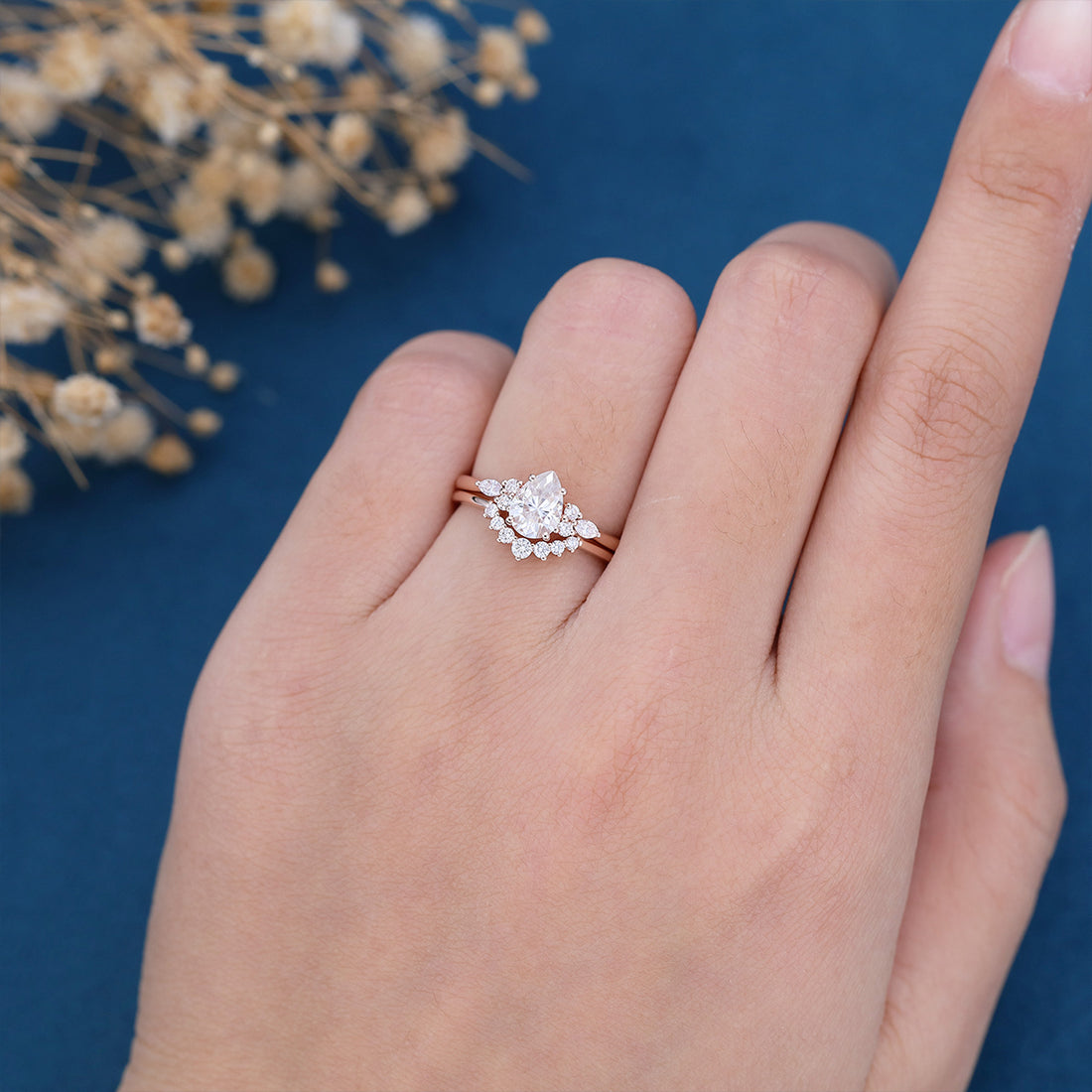 1.25 Carat Pear cut Moissanite Engagement ring Bridal Set