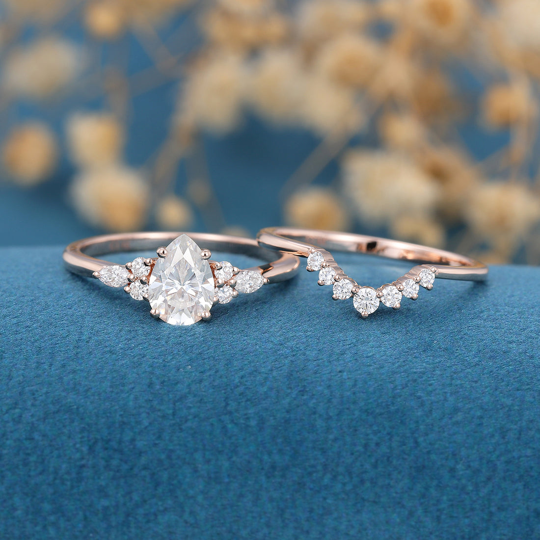 1.25 Carat Pear cut Moissanite Engagement ring Bridal Set