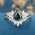 Pear cut Blue Green Sapphire Cluster Engagement Bridal Set
