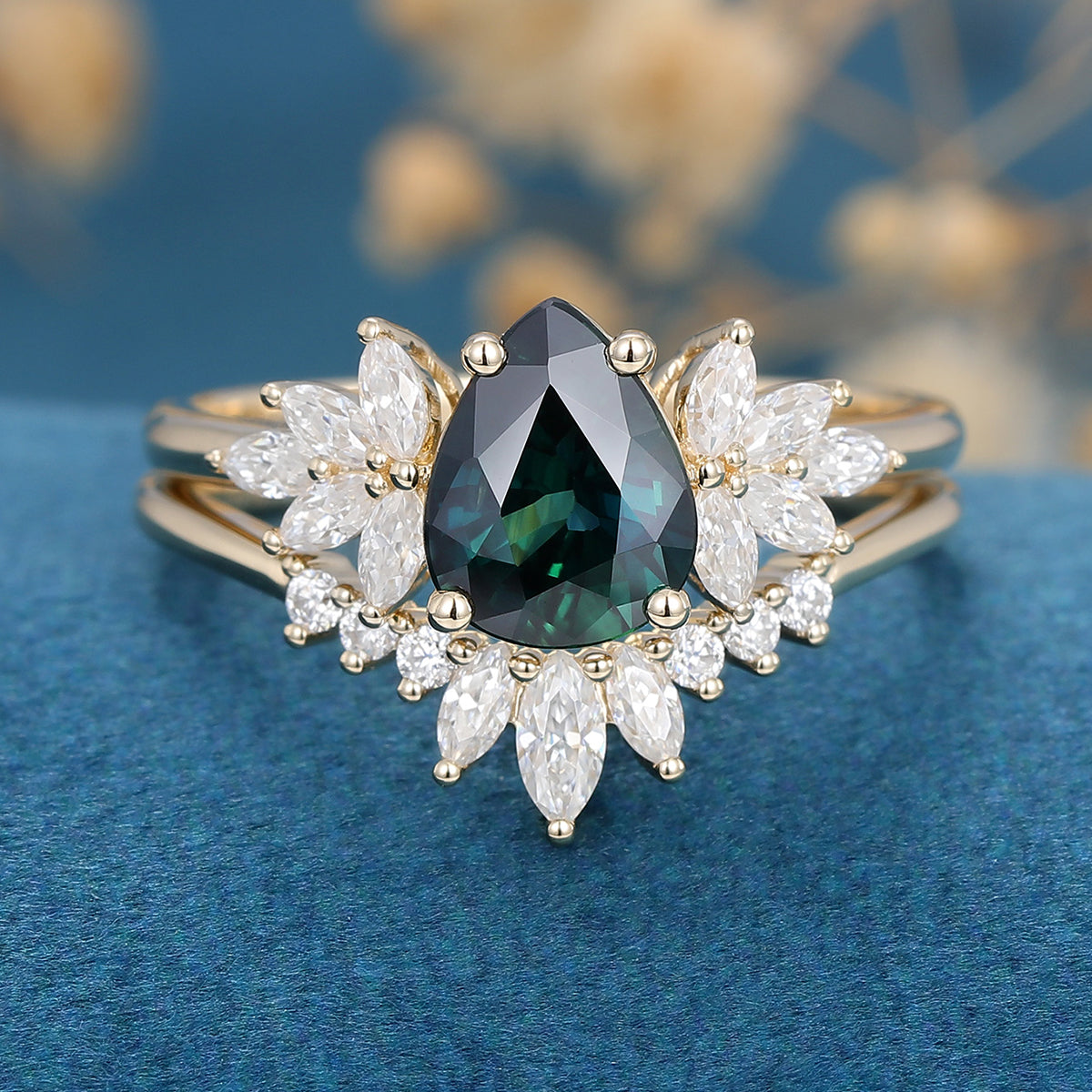 Pear cut Blue Green Sapphire Cluster Engagement Bridal Set