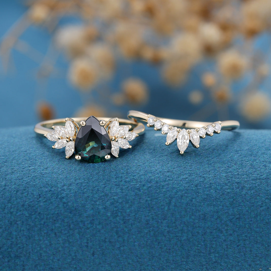 Pear cut Blue Green Sapphire Cluster Engagement Bridal Set