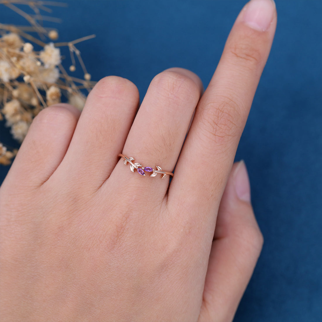 Marquise Amethyst leaf Curved Wedding Band Ring