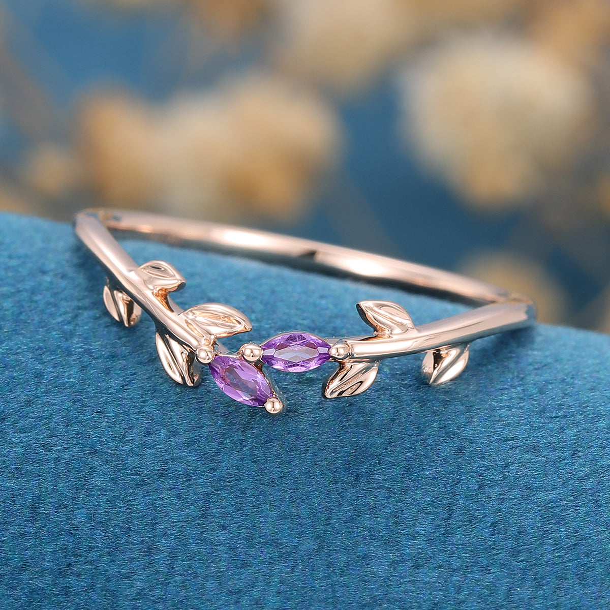 Marquise Amethyst leaf Curved Wedding Band Ring