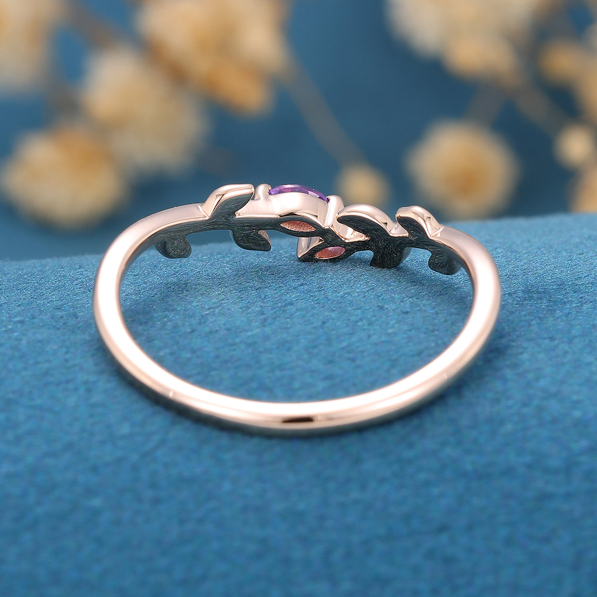 Marquise Amethyst leaf Curved Wedding Band Ring