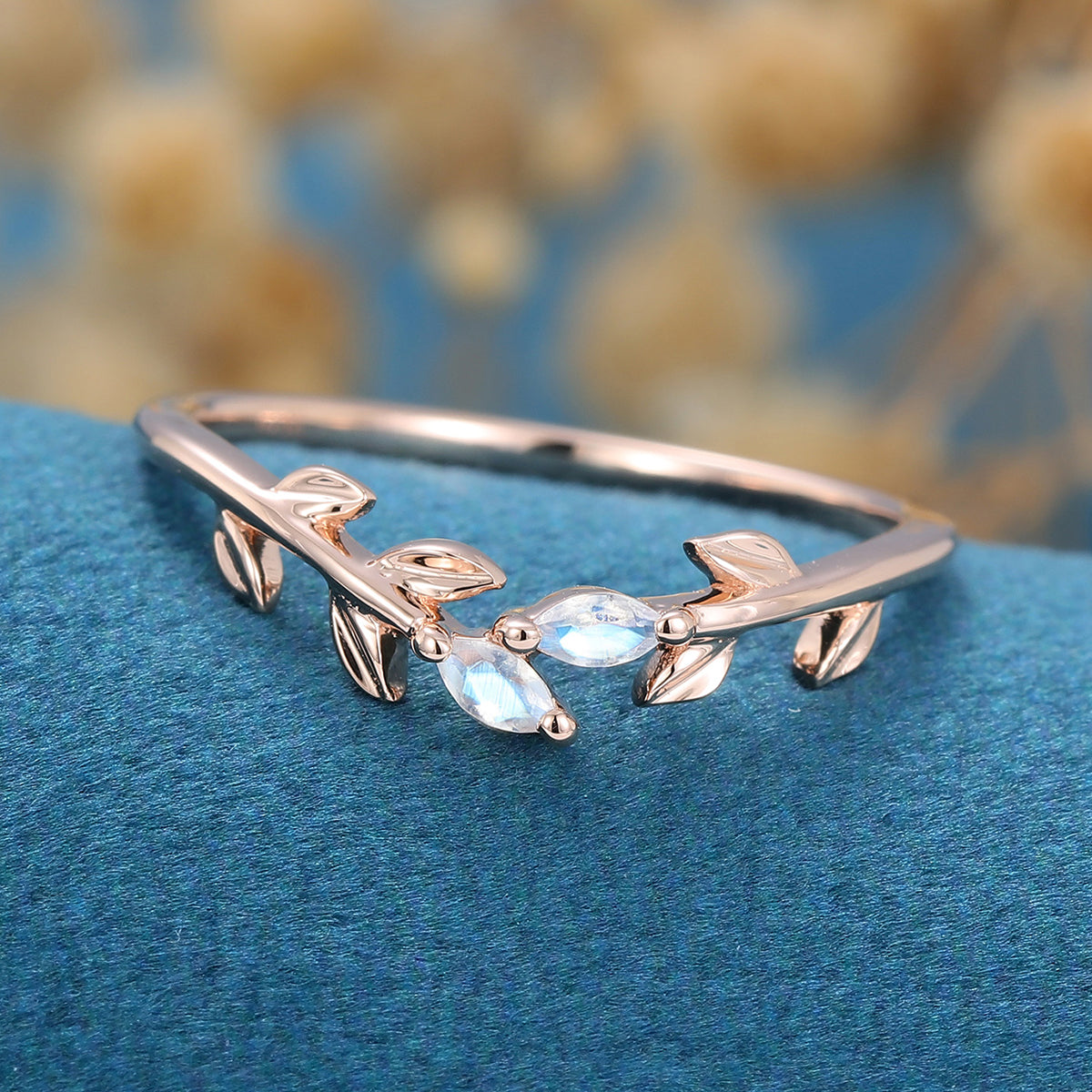 Marquise Moonstone leaf Curved Wedding Band Ring