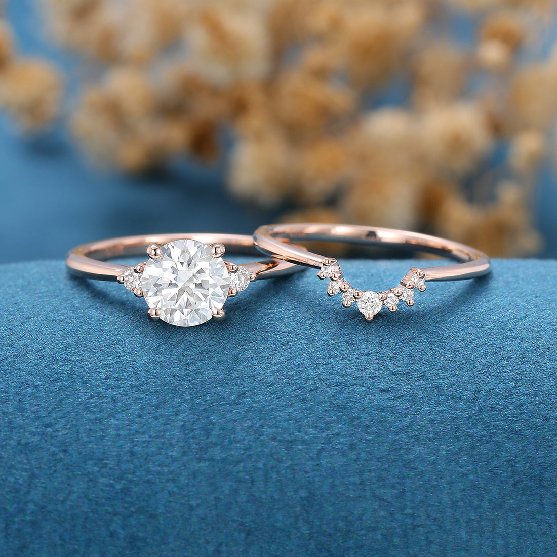 6.5mm 1 Carat Round Moissanite Cluster Engagement ring Bridal Set