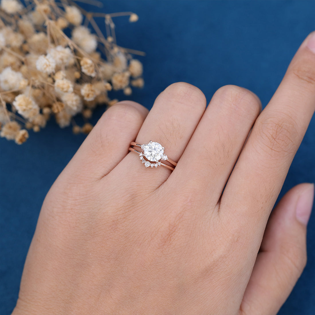6.5mm 1 Carat Round Moissanite Cluster Engagement ring Bridal Set