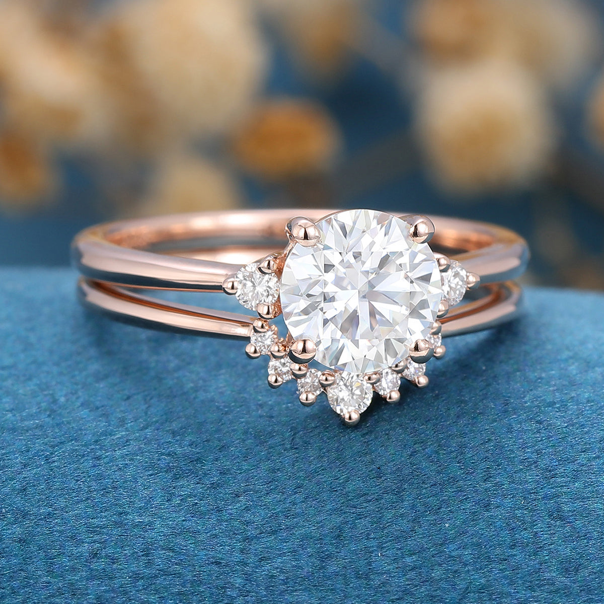 6.5mm 1 Carat Round Moissanite Cluster Engagement ring Bridal Set