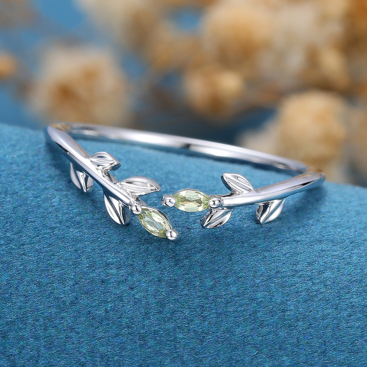 Marquise Cut Olivine leaf Curved Wedding Band Ring