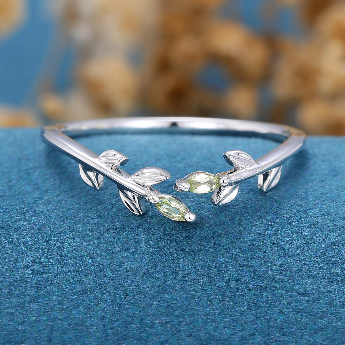 Marquise Cut Olivine leaf Curved Wedding Band Ring