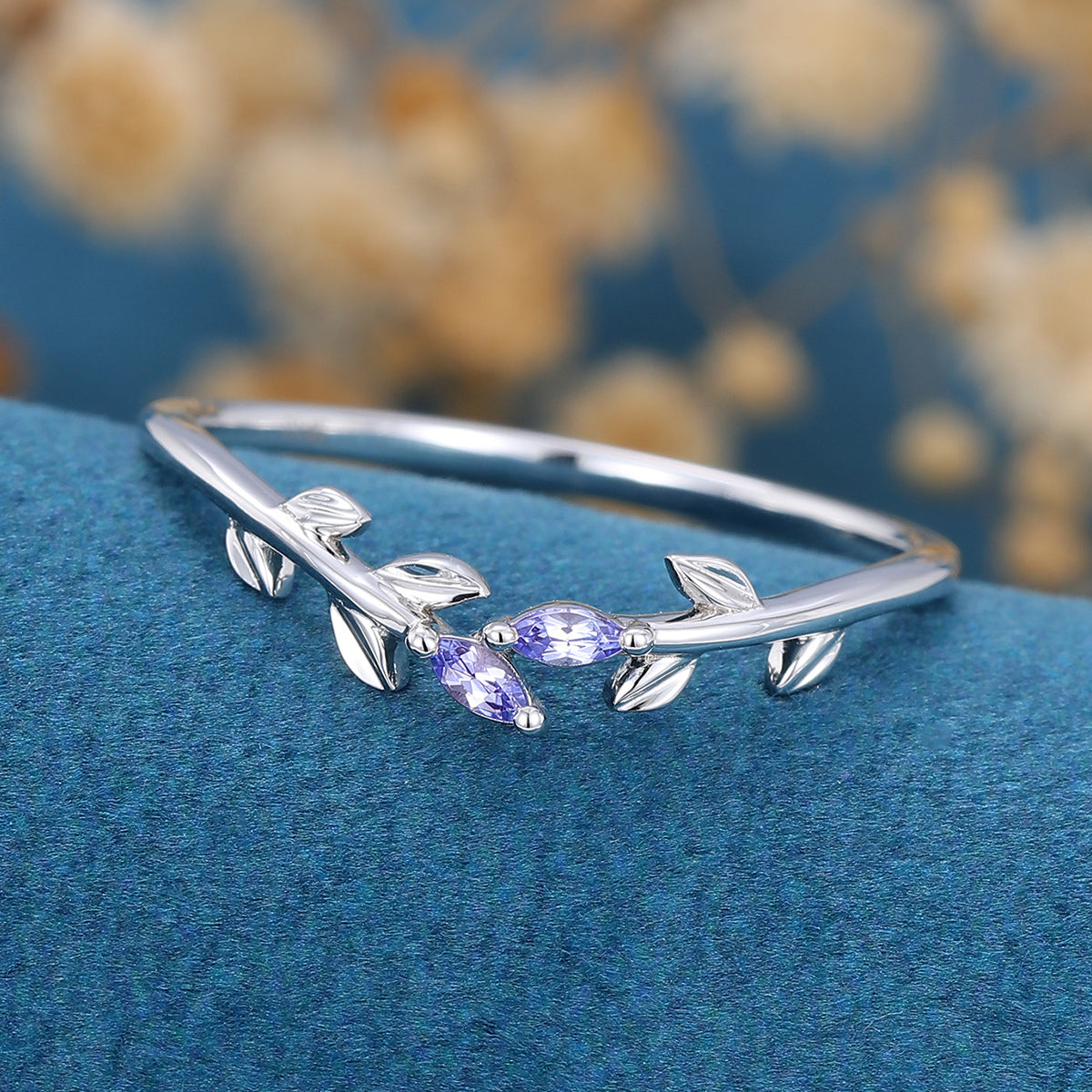 Marquise Tanzanite leaf Curved Wedding Band Ring