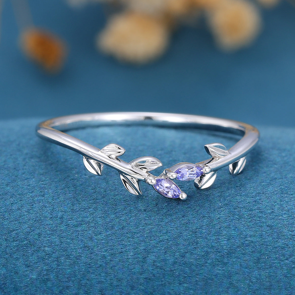 Marquise Tanzanite leaf Curved Wedding Band Ring