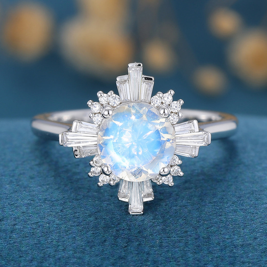 Round cut Moonstone  Halo Baguette Engagement Ring
