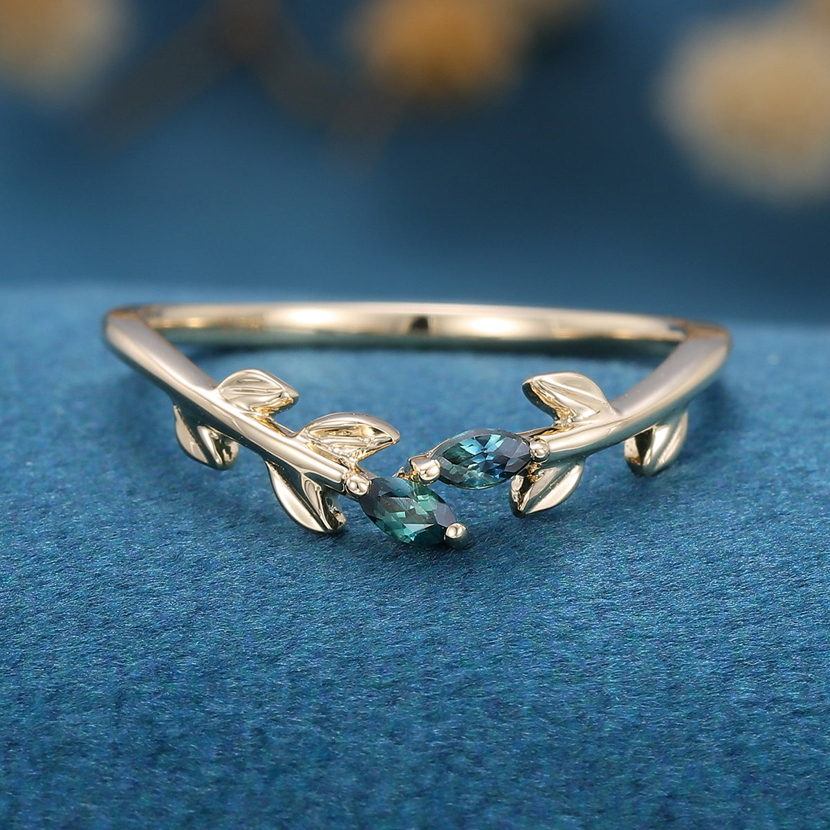 Marquise cut Blue Green Sapphire leaf Curved Wedding Band Ring