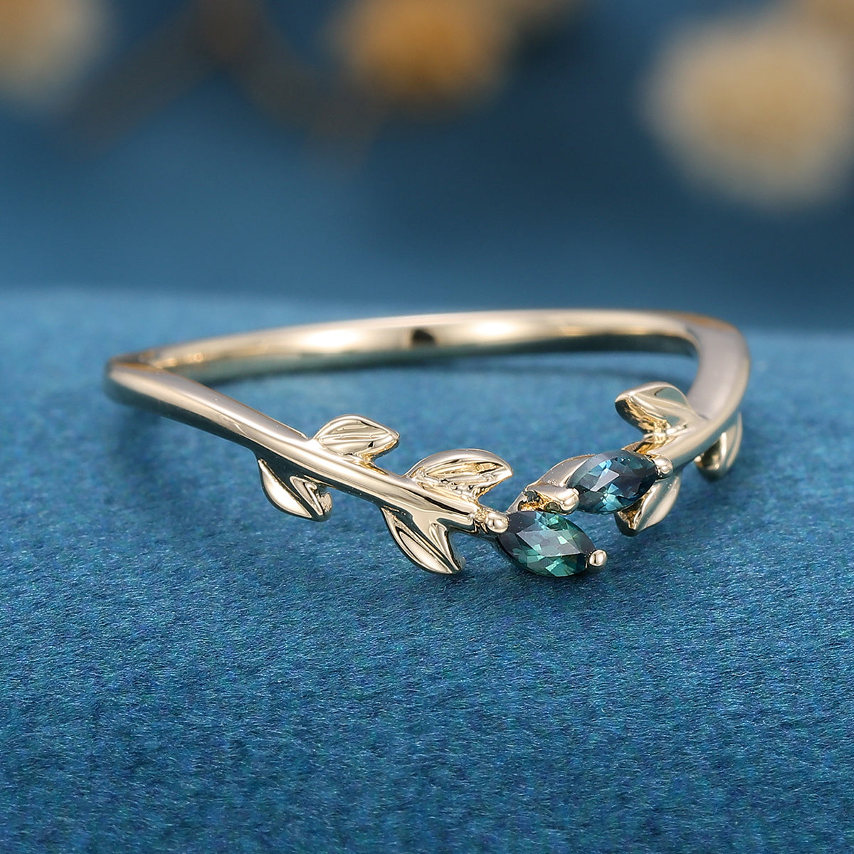 Marquise cut Blue Green Sapphire leaf Curved Wedding Band Ring