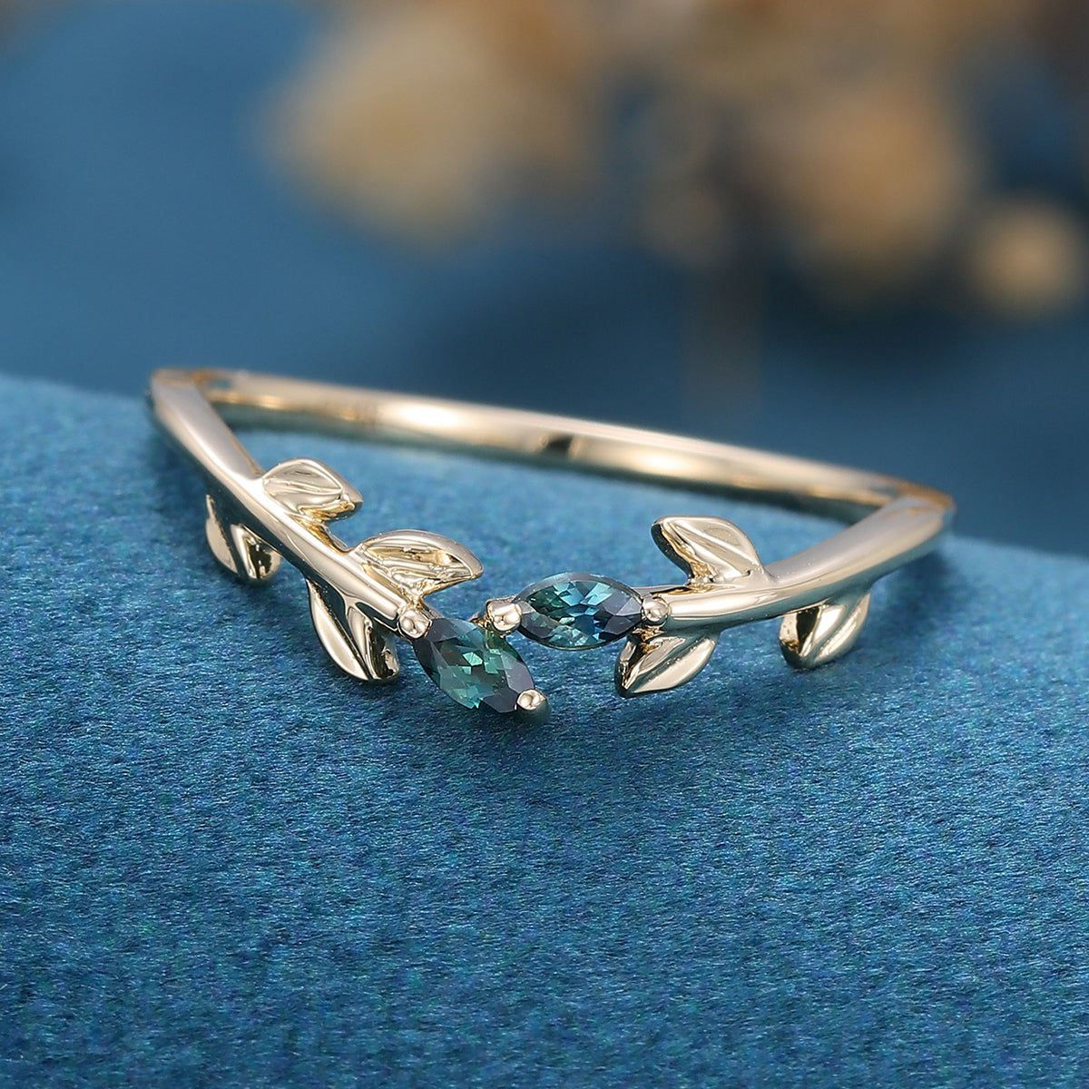 Marquise cut Blue Green Sapphire leaf Curved Wedding Band Ring