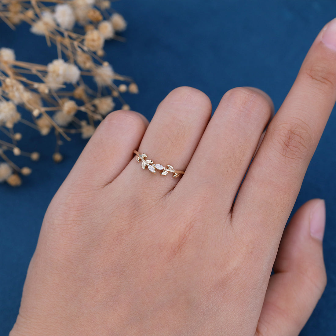 Marquise cut Moissanite | diamond leaf Curved Wedding Band Ring