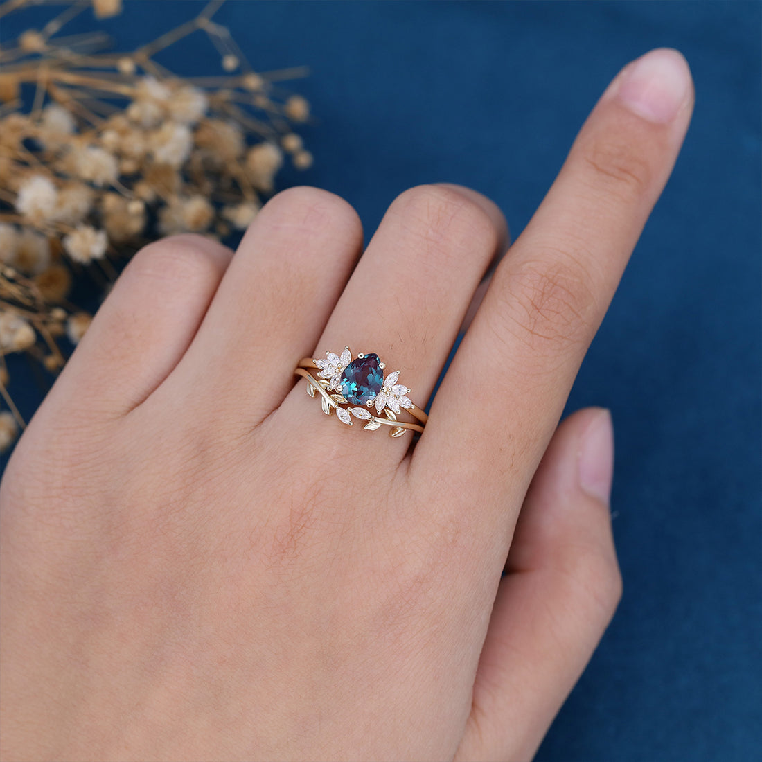 Pear cut Lab Alexandrite Engagement ring Bridal Set