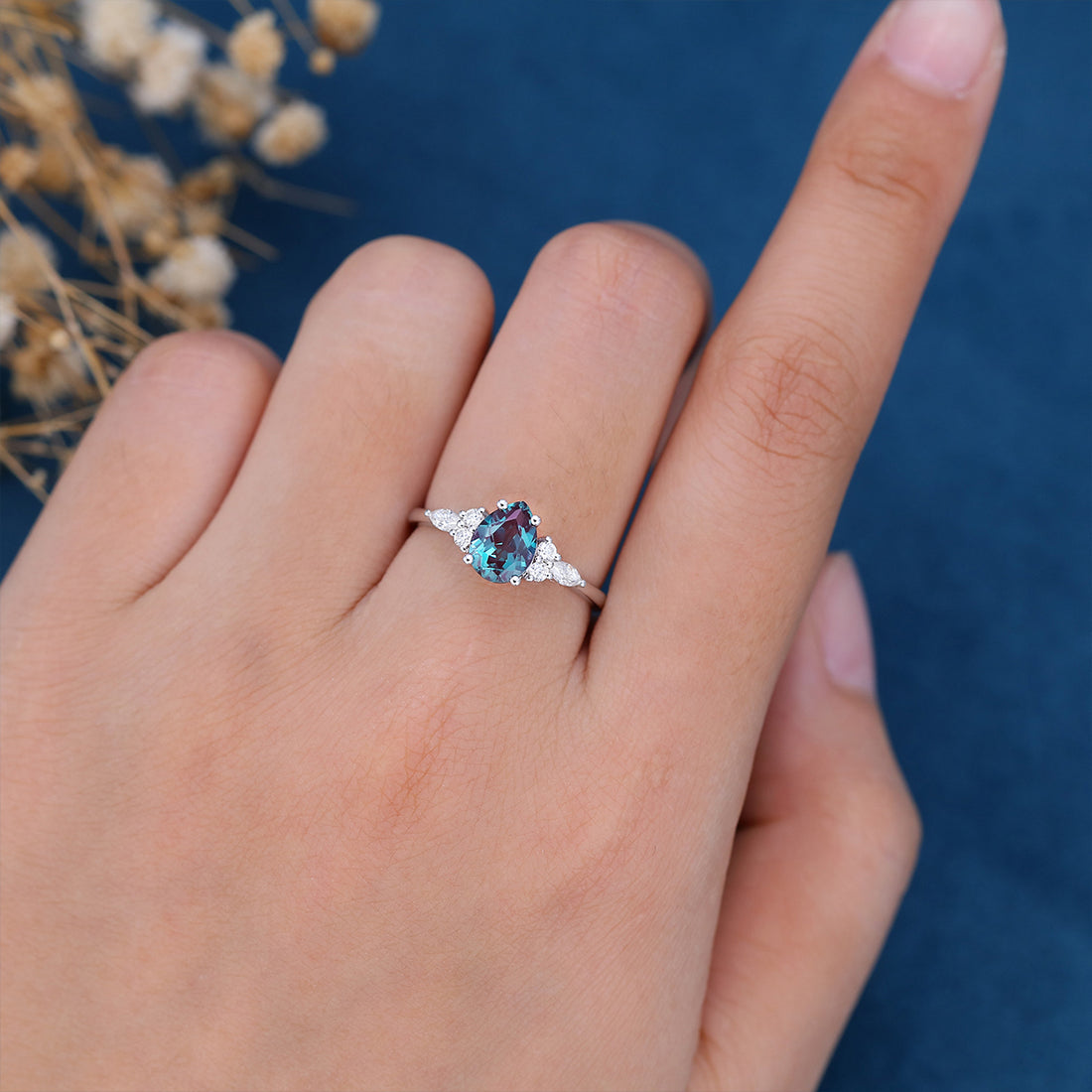Pear shaped Alexandrite Cluster Engagement ring