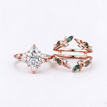 Marquise cut Moissanite Engagement Ring & Nature Inspired Moss Agate Wedding Bridal Set