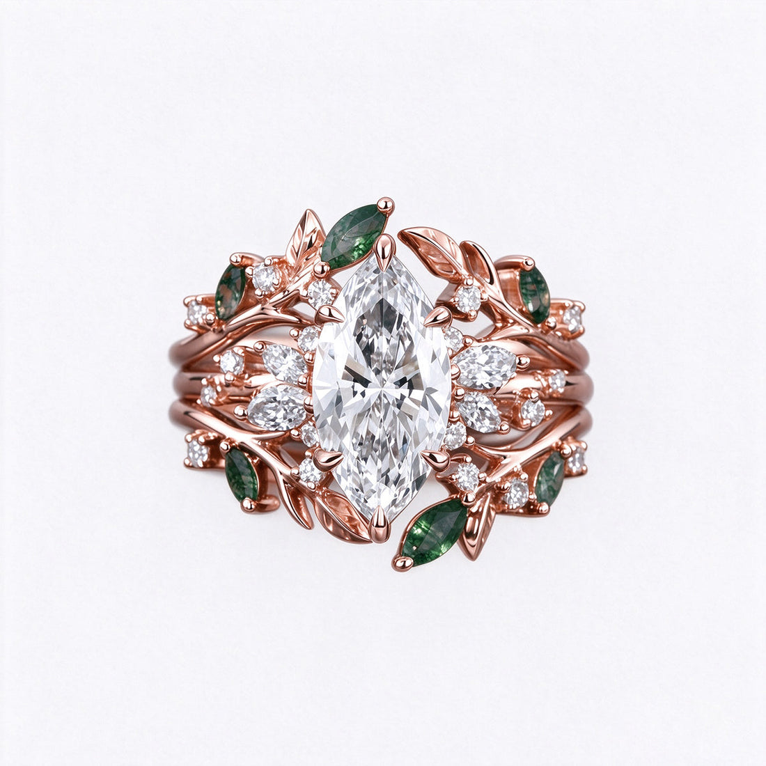 Marquise cut Moissanite Engagement Ring & Nature Inspired Moss Agate Wedding Bridal Set