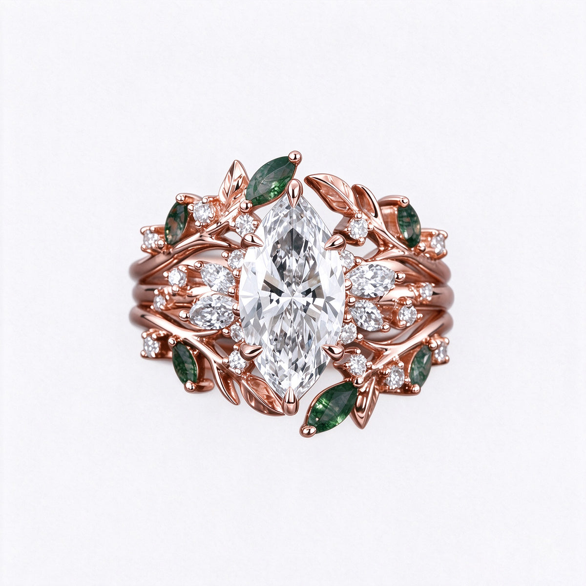 Marquise cut Moissanite Engagement Ring & Nature Inspired Moss Agate Wedding Bridal Set