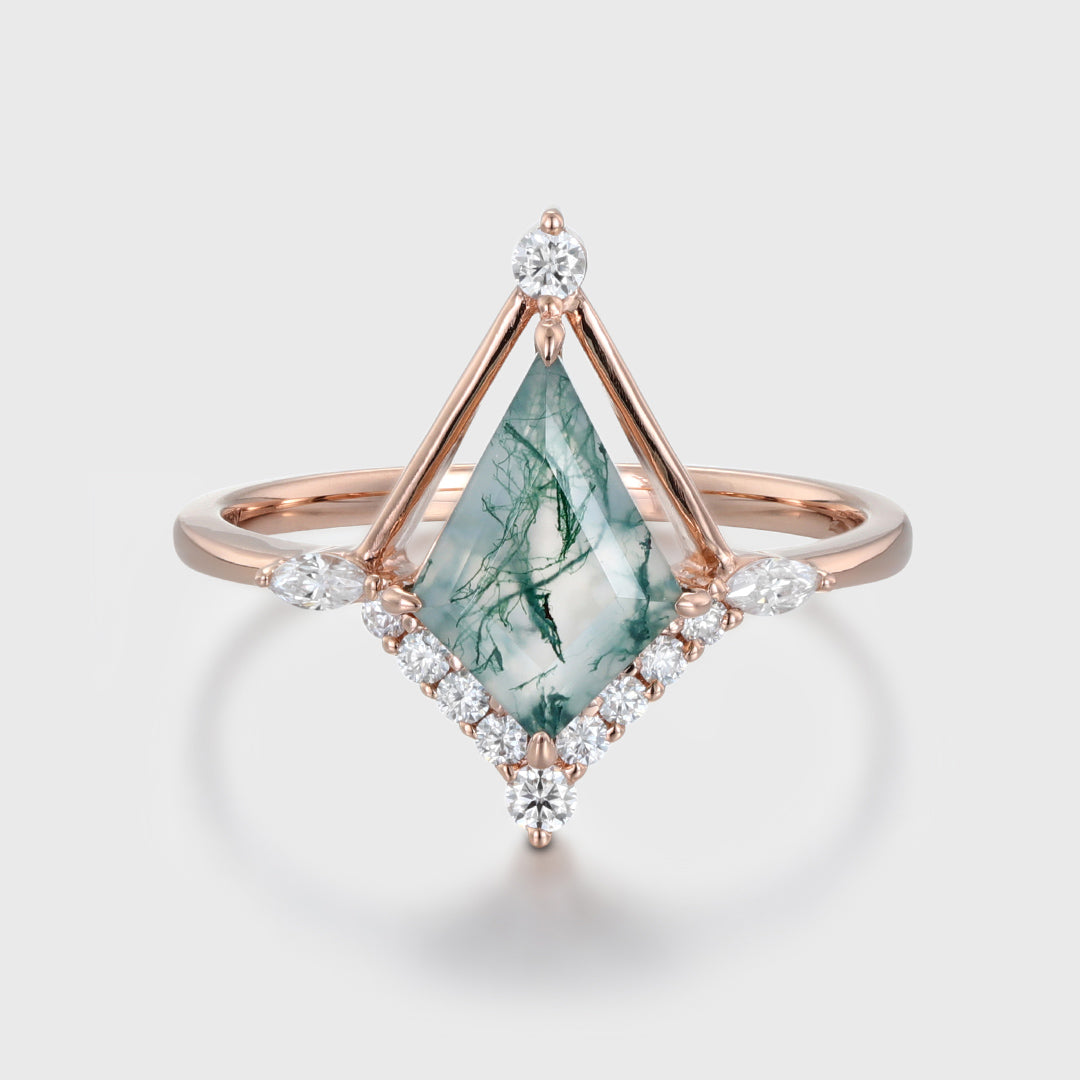 Kite cut Moss Agate Gold Engagement Ring
