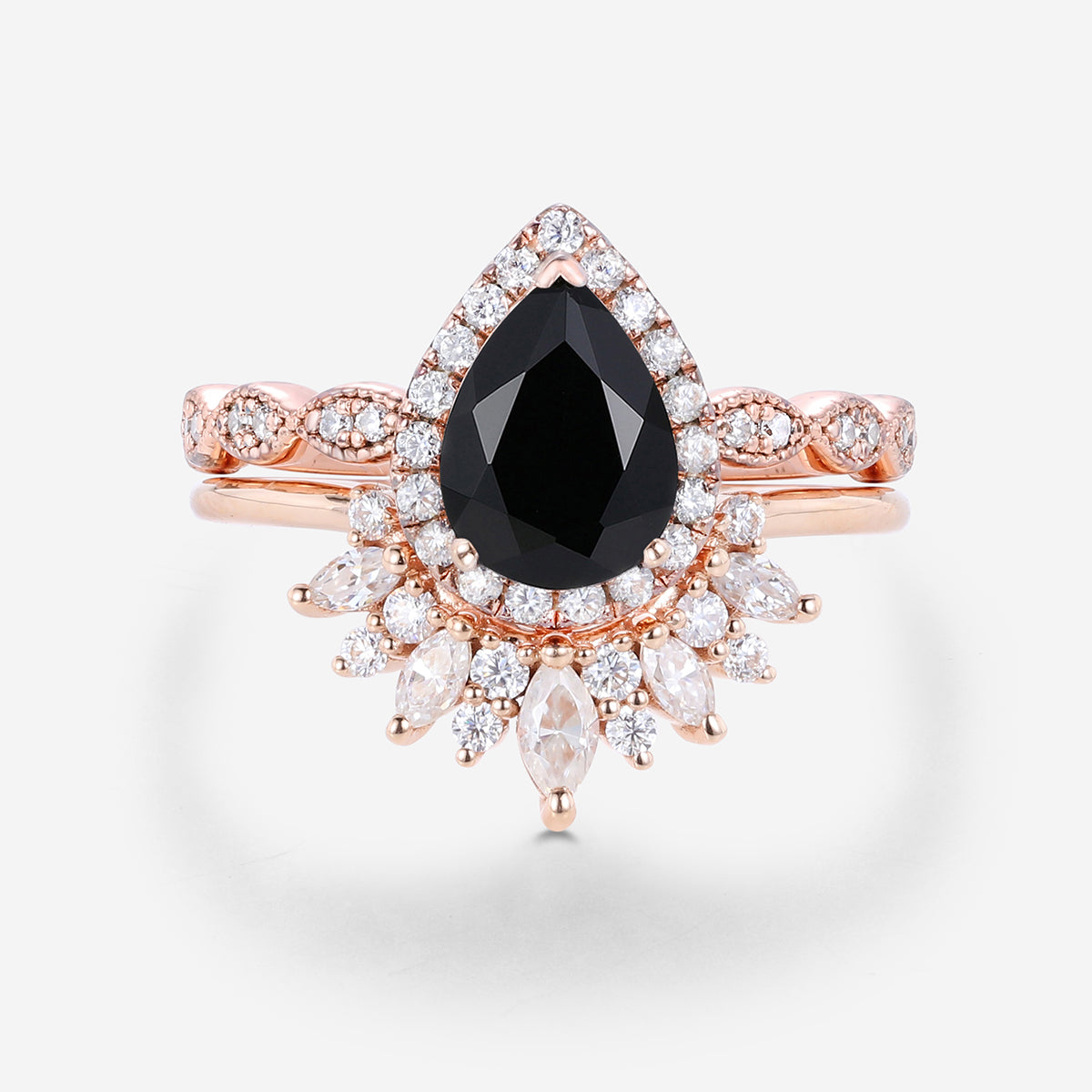 Pear Black Onyx Halo Diamond Half Eternity Engagement ring