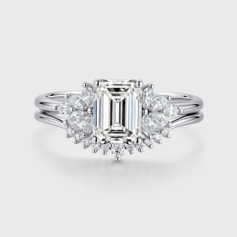 1.0CT~5.0CT Emerald cut Lab grown Diamond Cluster Engagement Ring Set