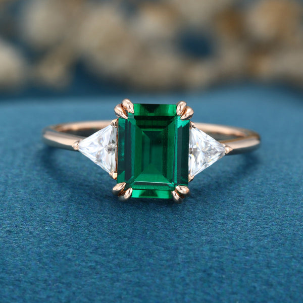 Emerald Cut Lab Grown Emerald Solid Gold Engagement Ring