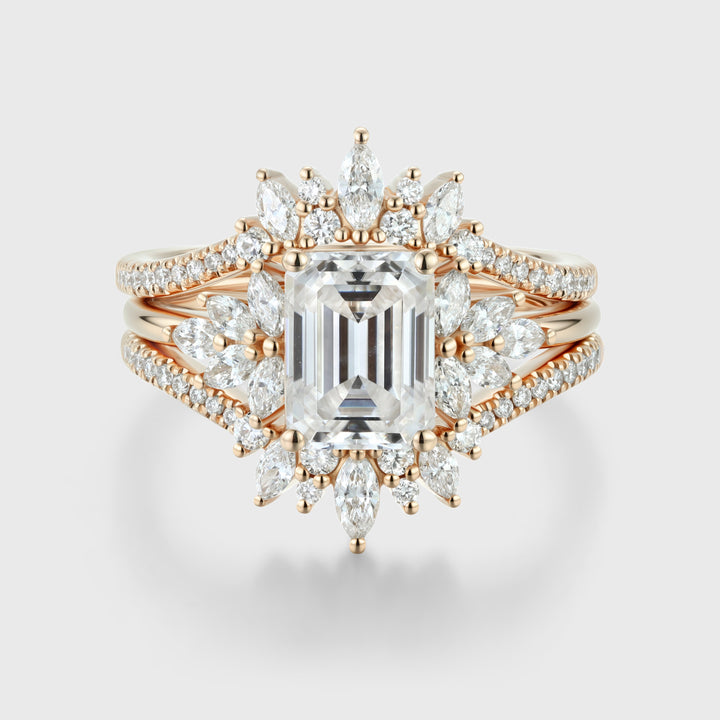 1.0CT~5.0CT Emerald cut Lab grown Diamond Cluster Engagement Ring Set