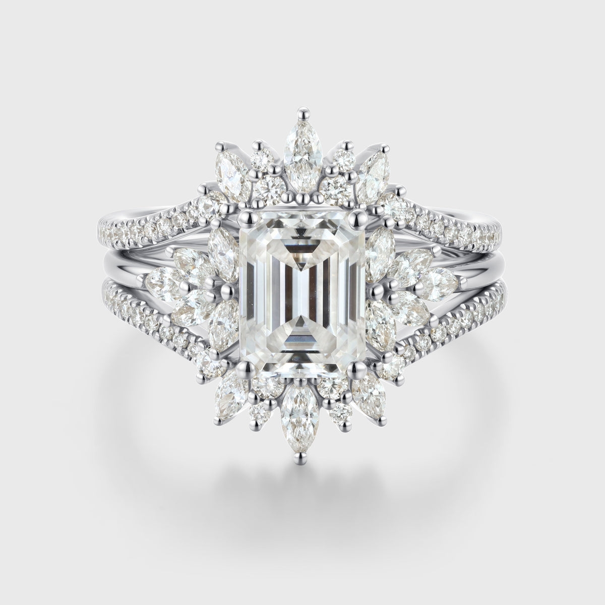 1.0CT~5.0CT Emerald cut Lab grown Diamond Cluster Engagement Ring Set