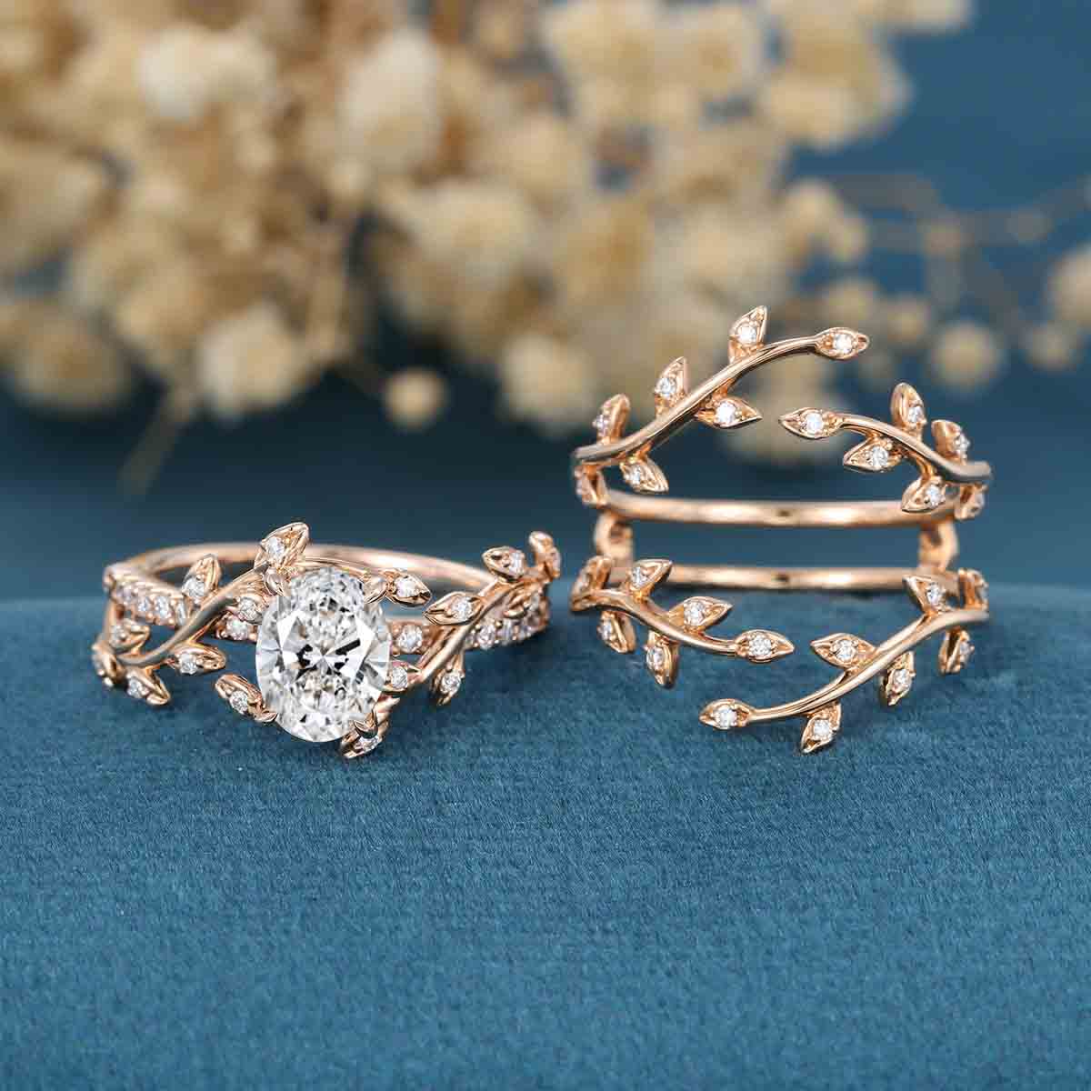1.0CT~5.0CT Oval cut Lab Grown Diamond Nature Inspired Bridal Set