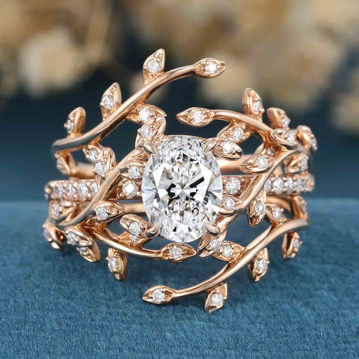 1.0CT~5.0CT Oval cut Lab Grown Diamond Nature Inspired Bridal Set