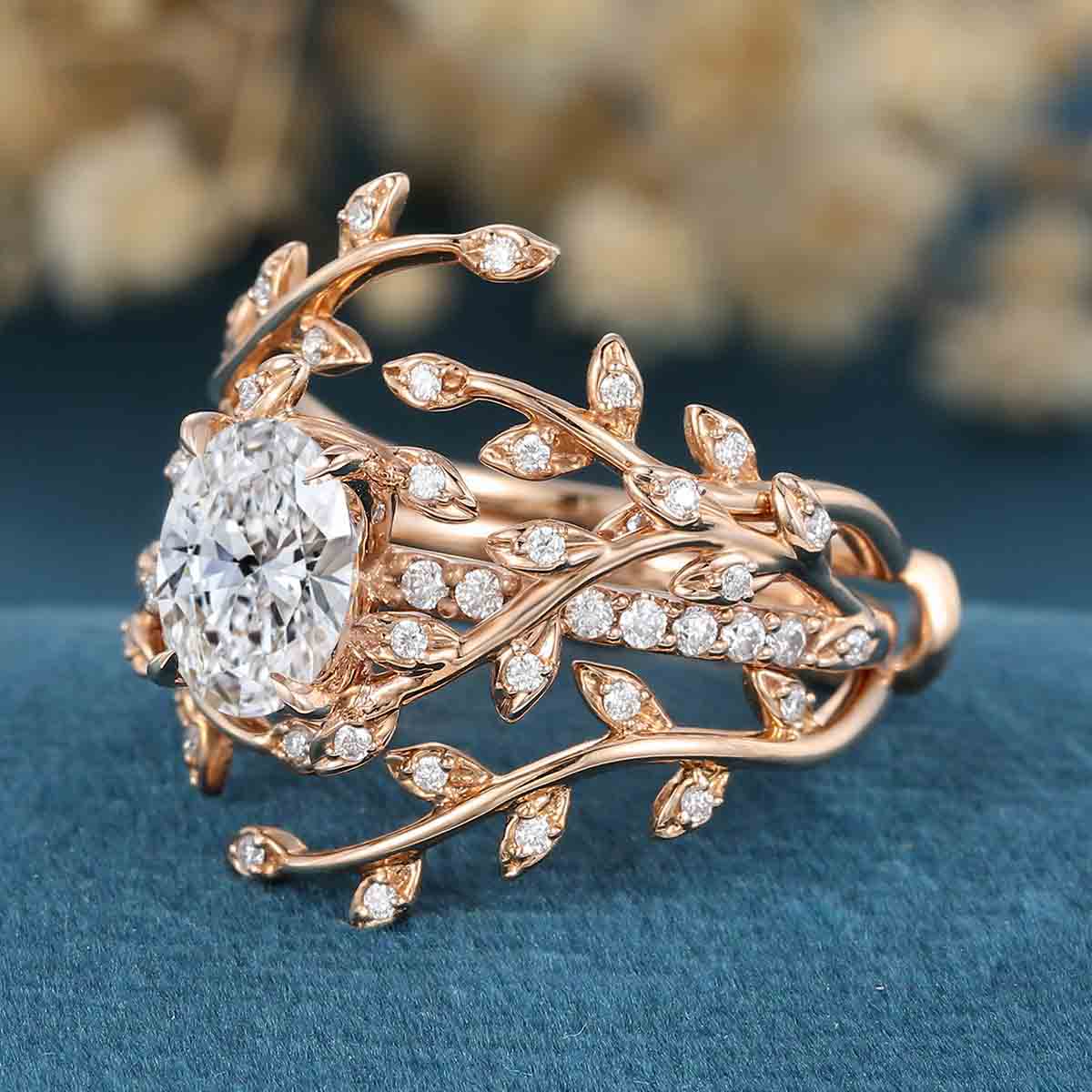 1.0CT~5.0CT Oval cut Lab Grown Diamond Nature Inspired Bridal Set