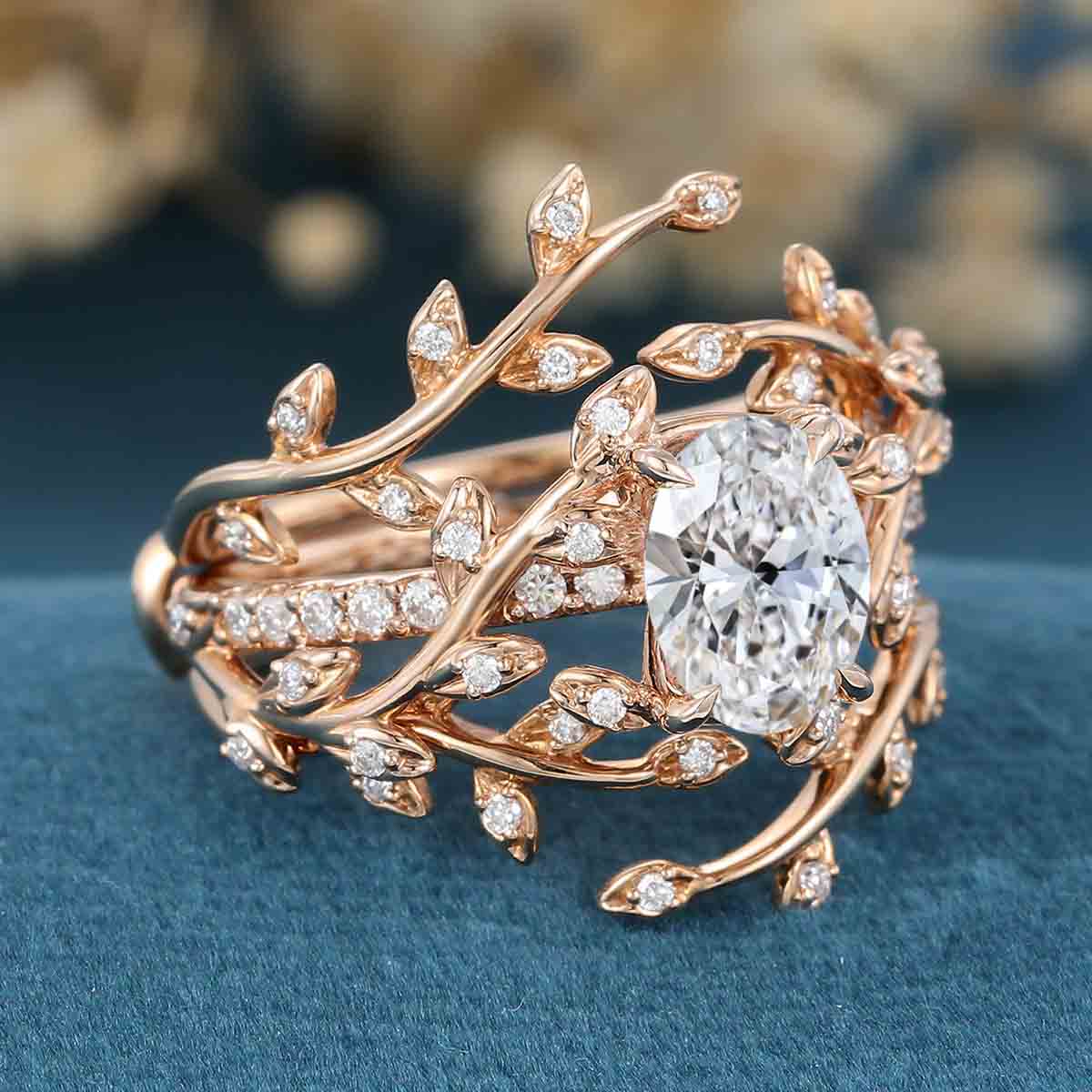 1.0CT~5.0CT Oval cut Lab Grown Diamond Nature Inspired Bridal Set
