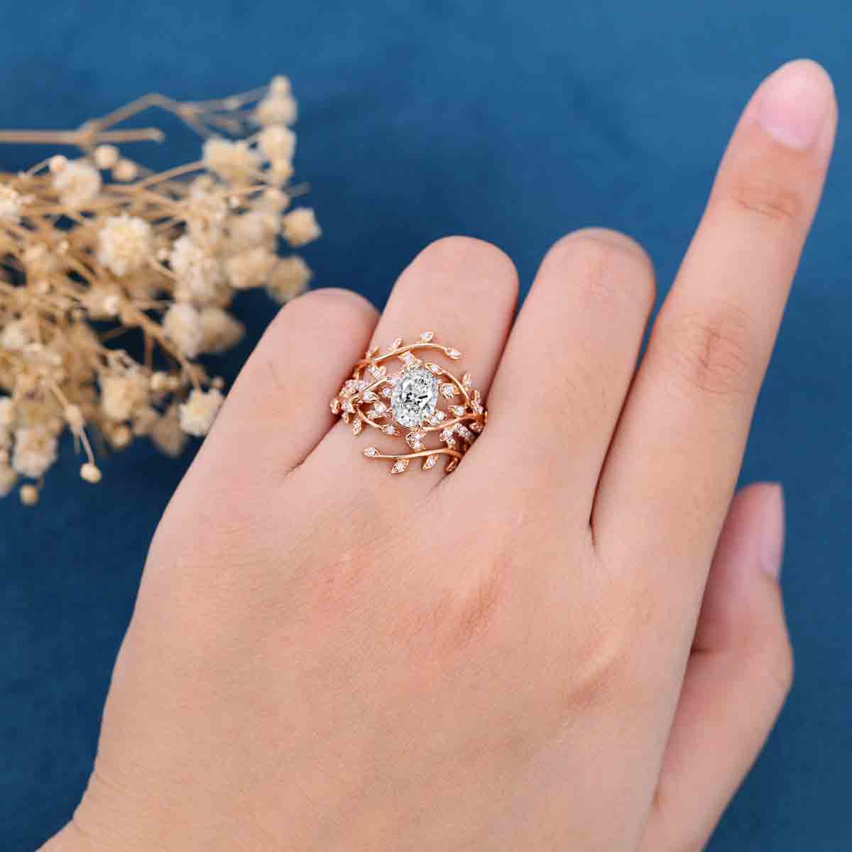1.0CT~5.0CT Oval cut Lab Grown Diamond Nature Inspired Bridal Set