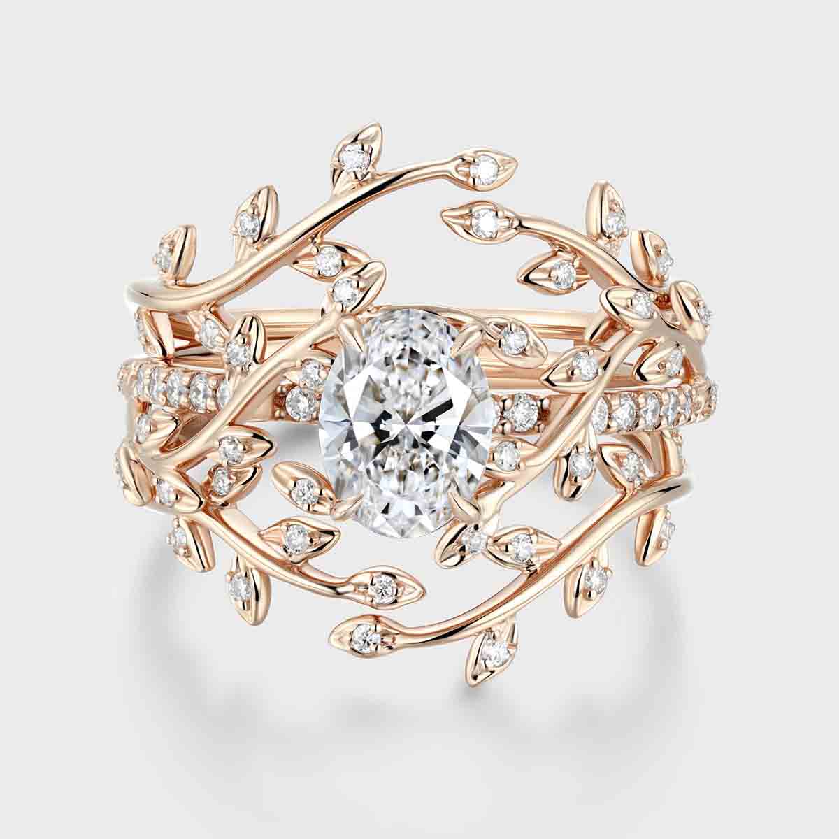 1.0CT~5.0CT Oval cut Lab Grown Diamond Nature Inspired Bridal Set