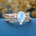 Oval cut Nature Inspired Moonstone Engagement Ring & Moss Agate Wedding Bridal Set