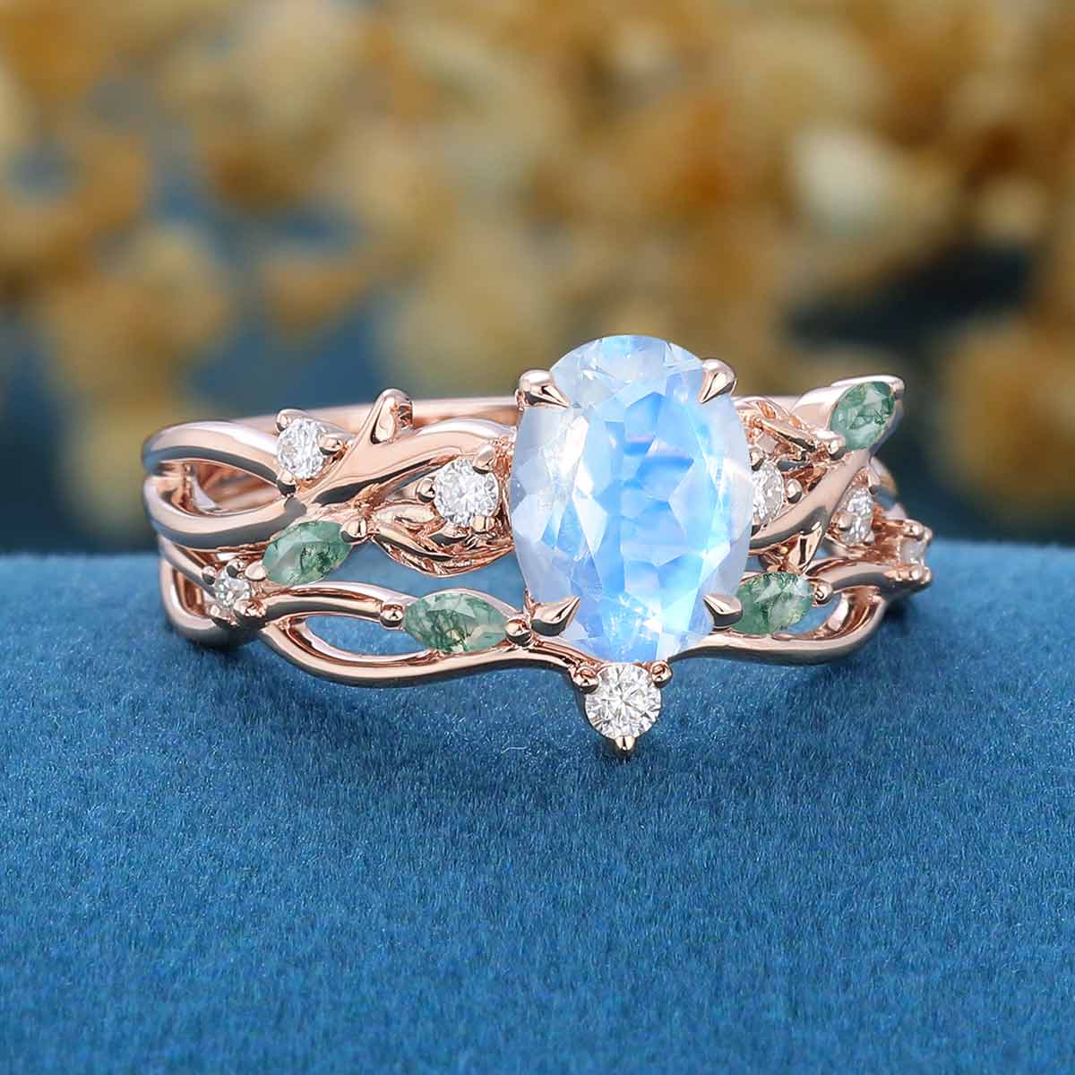 Oval cut Nature Inspired Moonstone Engagement Ring & Moss Agate Wedding Bridal Set