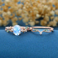 Oval cut Nature Inspired Moonstone Engagement Ring & Moss Agate Wedding Bridal Set