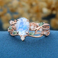Oval cut Nature Inspired Moonstone Engagement Ring & Moss Agate Wedding Bridal Set