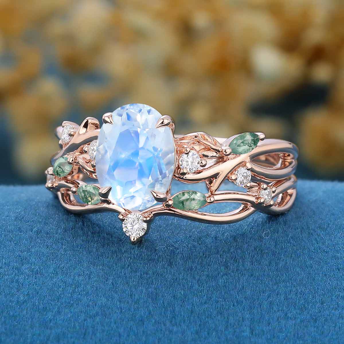 Oval cut Nature Inspired Moonstone Engagement Ring & Moss Agate Wedding Bridal Set